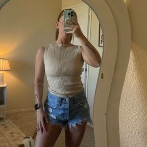 Quince Ribbed Knit Crewneck Tank in Beige-Cream